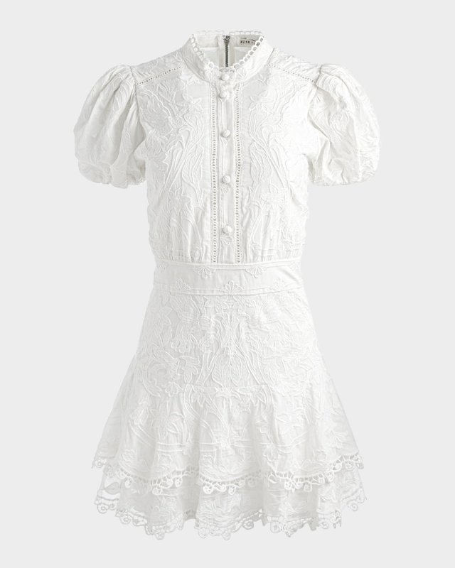 Loryn Embroidered Puff-Sleeve Shirtdress